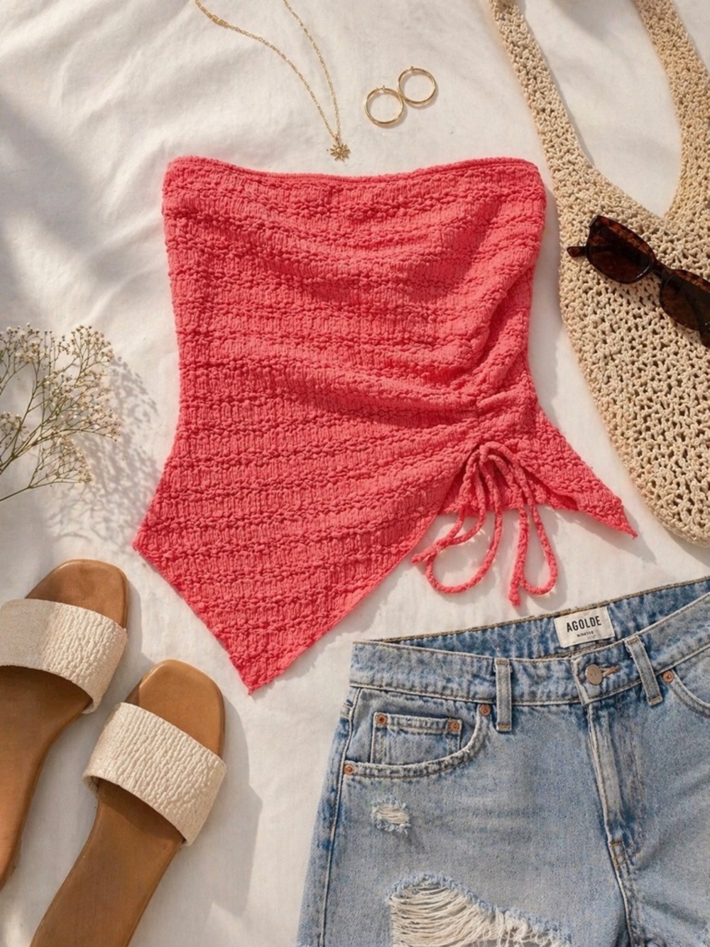 See You Monday Coral Strapless Ruched Top XL Asymmetrical Hem Tie Side